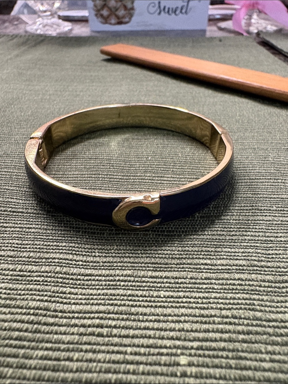 Gold-Tone Navy Enamel Hinged Bracelet with Accent Loop